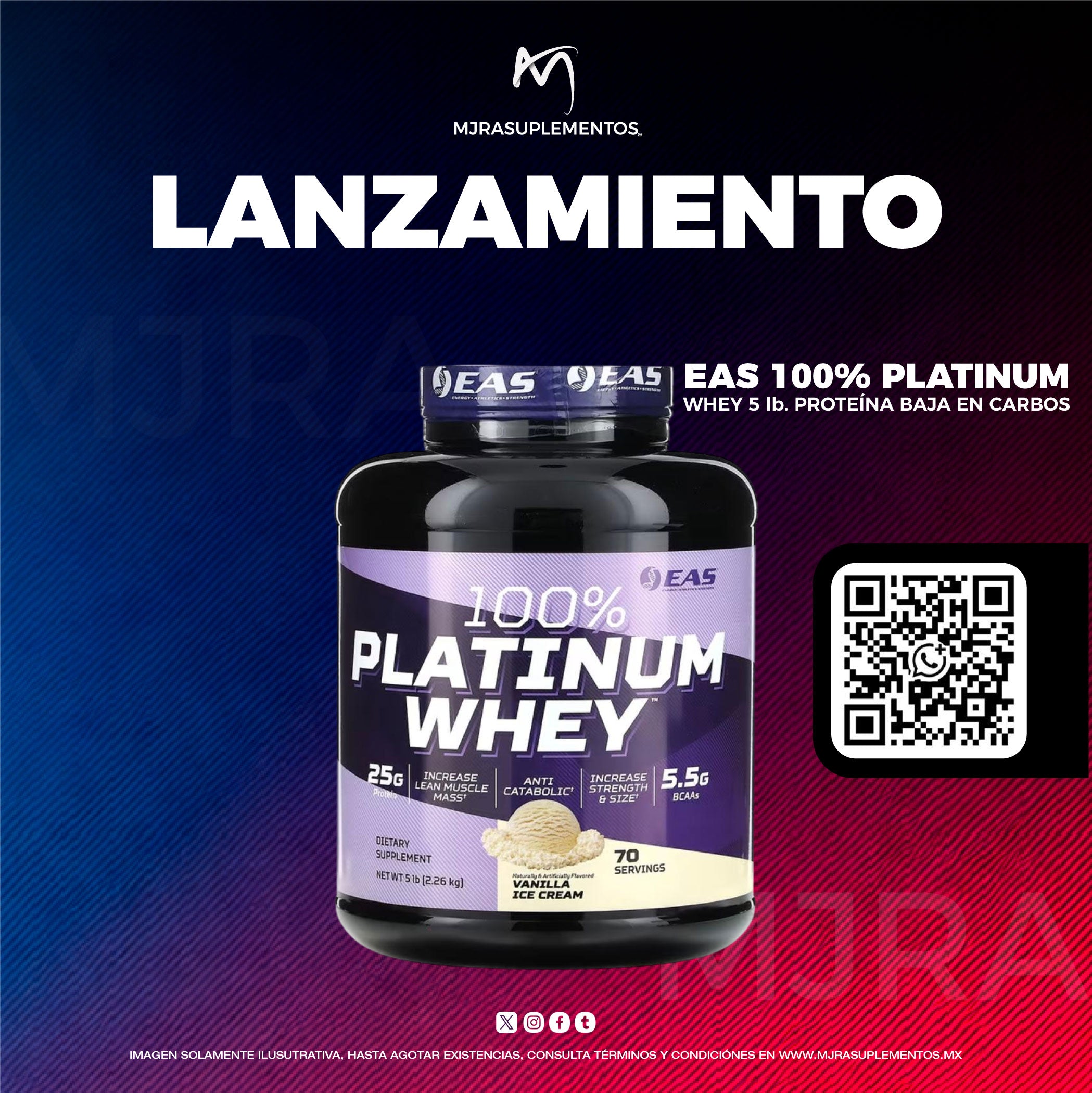 EAS 100% PLATINUM WHEY 5 lb. Proteína baja en carbos