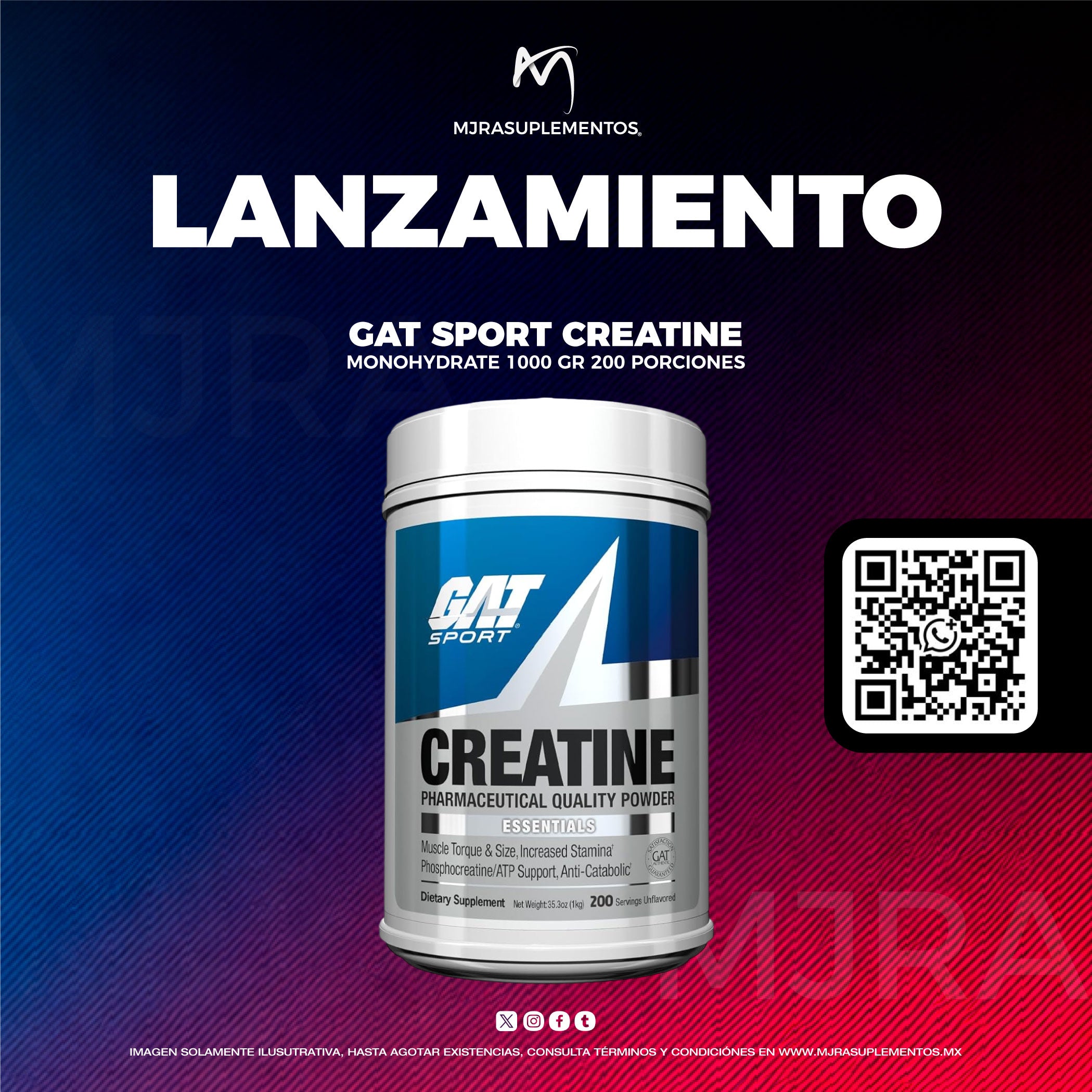 GAT SPORT 100% Monohidrato de creatina en polvo - 1000 gr - 200 porciones - Para hombres y mujeres - Sin Sabor - 100'% Creatina Micronizada de alta pureza